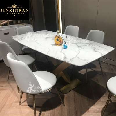 Double tray stainless steel legs rectangle dining table hotel marble top table V-shaped legs dining table