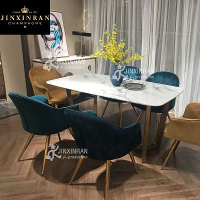 home use gold metal stainless steel leg natural marble top dining table 8 chair dining table set modern