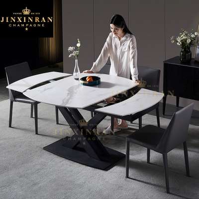 Customized Modern Furniture Space Saving Black Iron Metal Feet Dinning Table Stone Slate Top White Extendable Dining Table