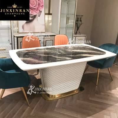 High Quality 6 Seaters Leather Dining Room Table Furniture Marble Top Beech Wood Base Dining Table